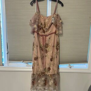 Marchesa Notte Gold and Pink Embroidered Dress